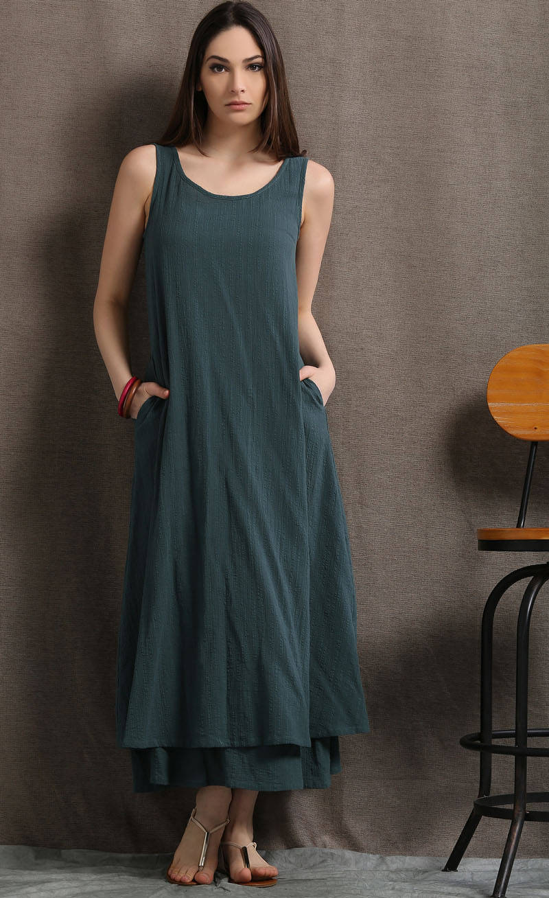 Layered Linen Maxi Dress Long Sage Green Casual Everyday | Etsy