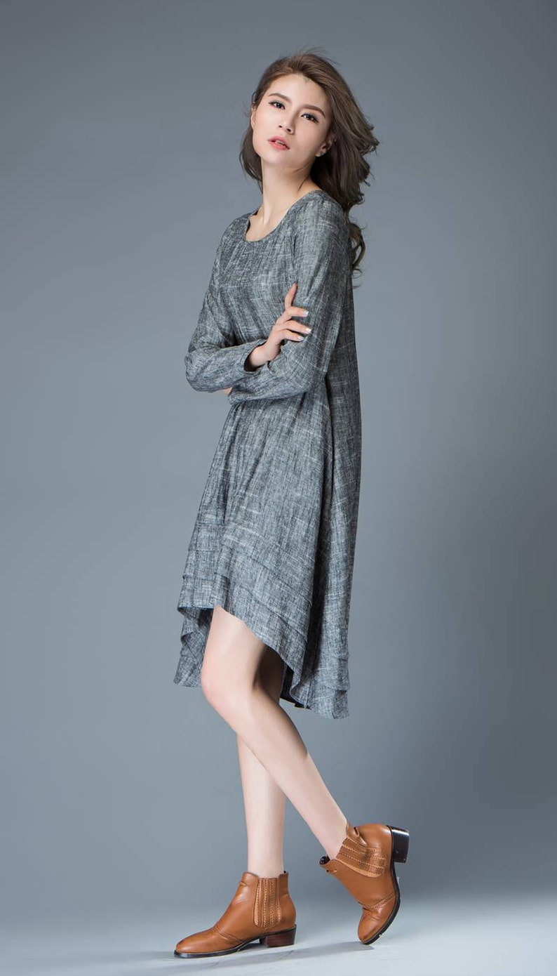 Marl Gray Lagenlook Dress Linen Loose-Fitting Long-Sleeved Round Neck Asymmetrical Dress with Tiered Pleated Hemline C810 image 4