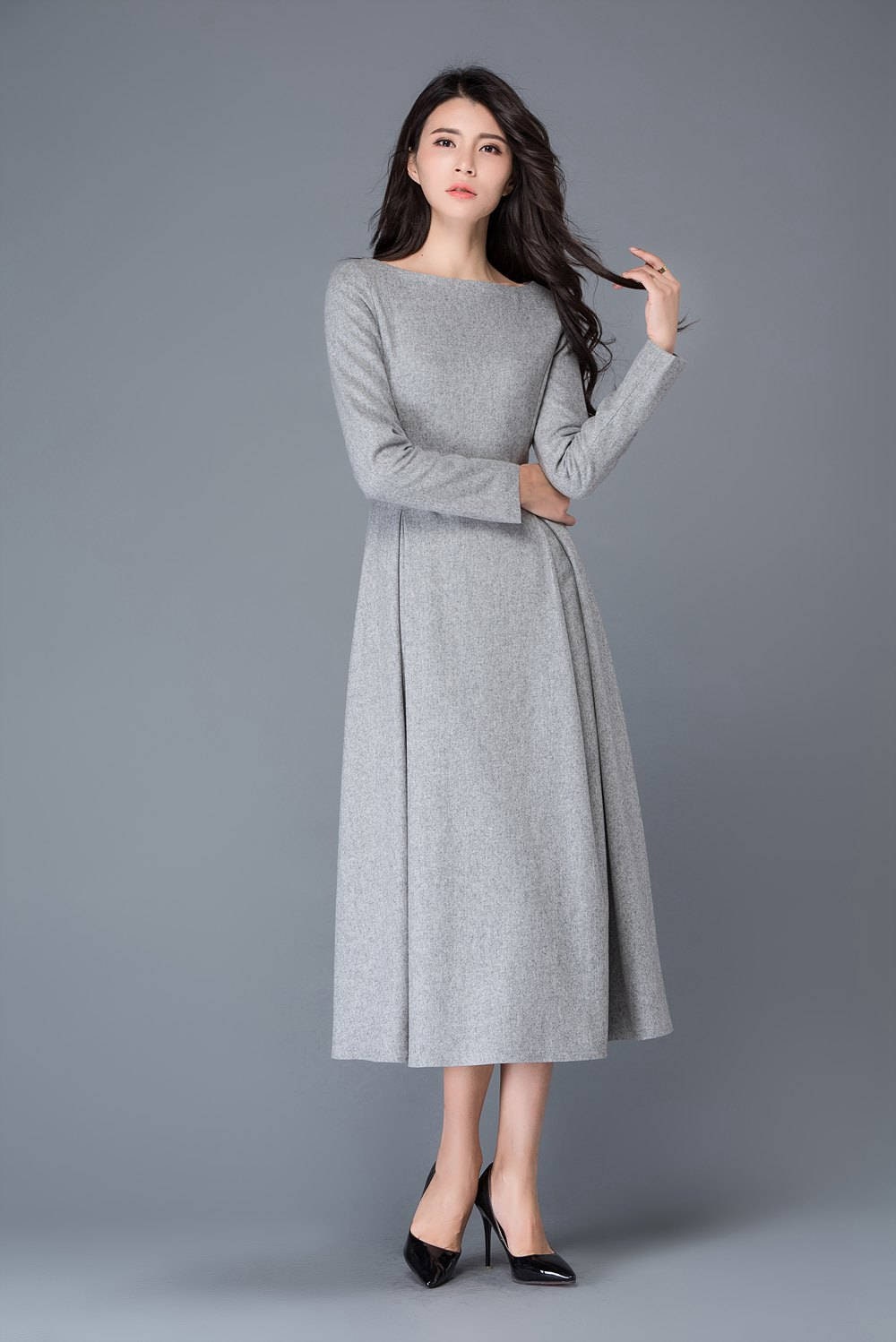 womens dress wool dress winter dress gray wool dress boat | Etsy