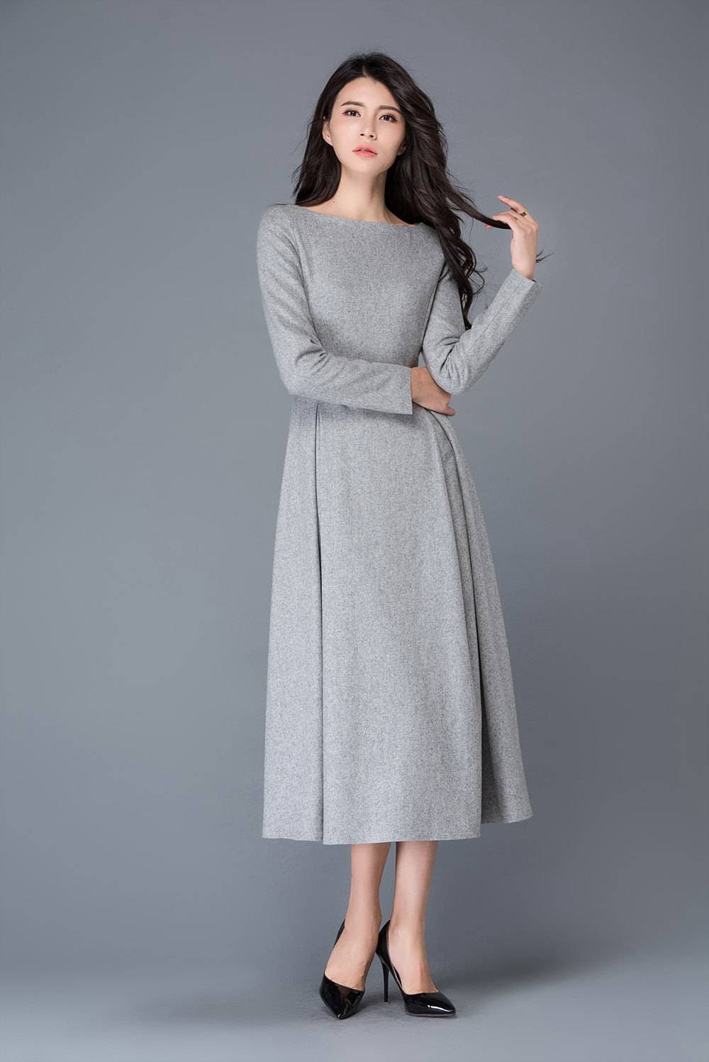 womens dress wool dress winter dress gray wool dress boat Etsy