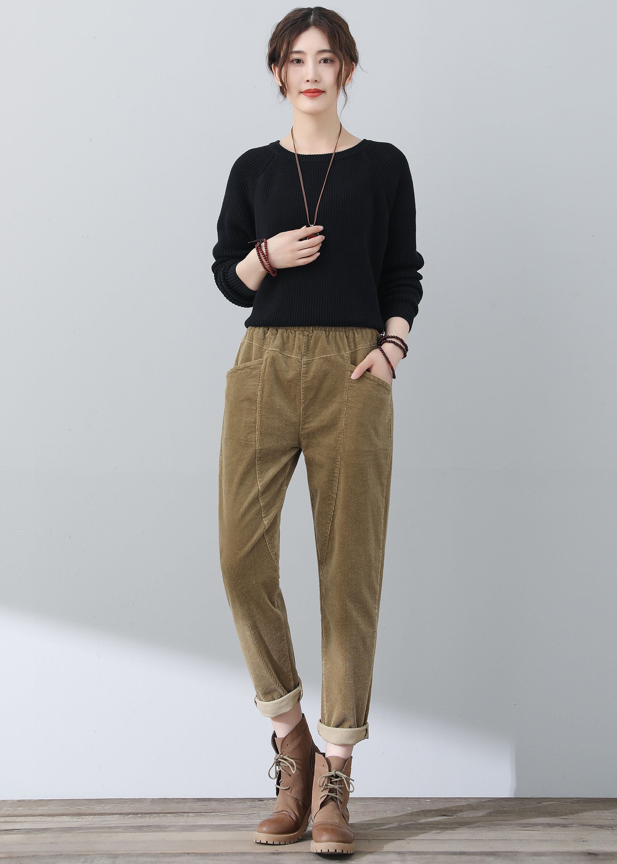 Womens Corduroy Pants Casual Elastic High Waisted Straight