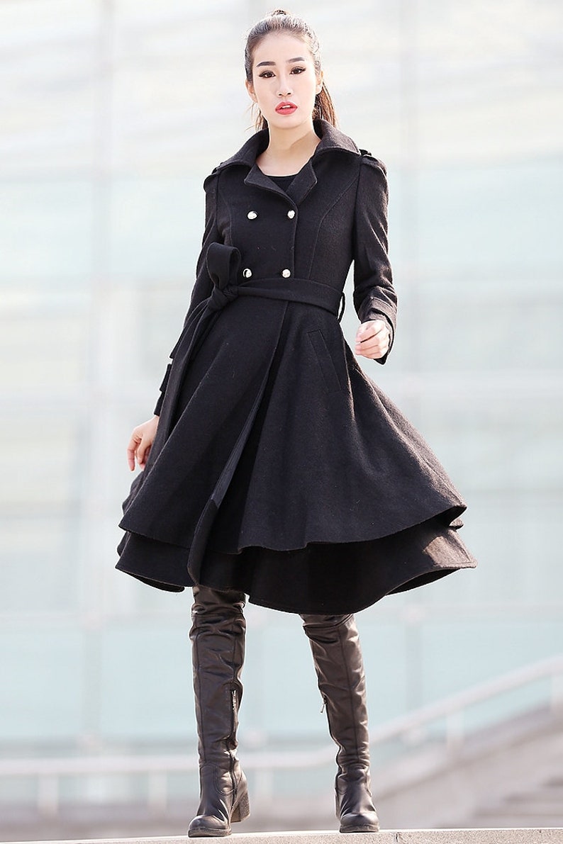 Black wool coat, Fit and flare coat, Knee length winter coat, double breasted coat, women coat, knee length woman jackets, warm coats C219 image 7