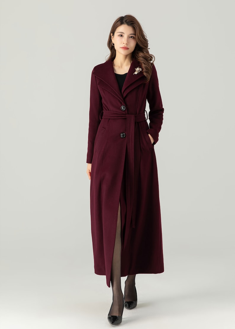 Casaco comprido de lã bordô feminino, Casaco de inverno de lã feminino, Casaco treché de lã, Casaco maxi de lã, Casaco de lã com cinto, Casaco feito à mão, Ylistyle C3693 imagem 7