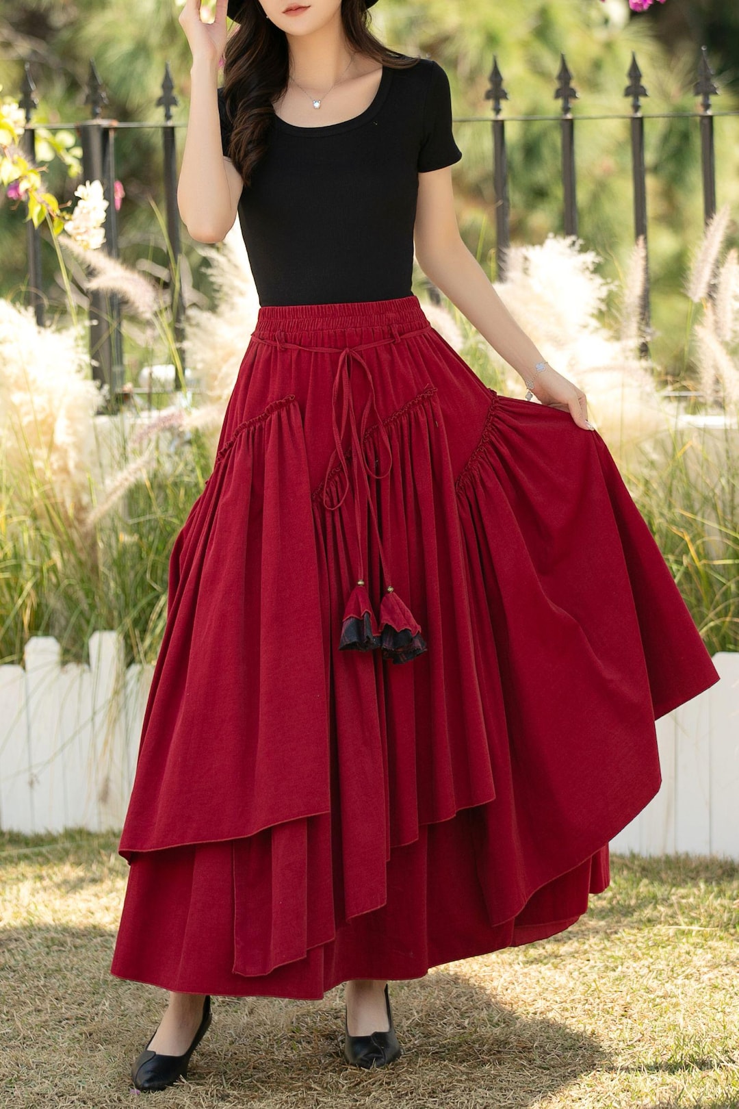 スカート S drape knot maxi skirt the red thread Red Corduroy Maxi Skirt – Elastic Waist Handmade Cotton Boho Skirt