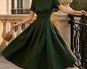 Dark Green Linen Midi Dress, Elegant Pleated Waist Fit and Flare Dress, Short Sleeve Summer Dress with Pockets, Custom, Ylistyle C5575