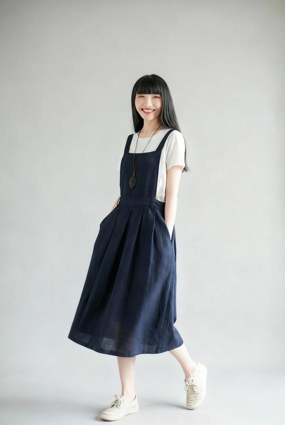 Linen Pinafore Dress, Linen Midi Dress, A Line Pinafore Dress, Linen Apron  Dress, Womens Dress, Blue Dress, Handmade Dress, Ylistyle C2255