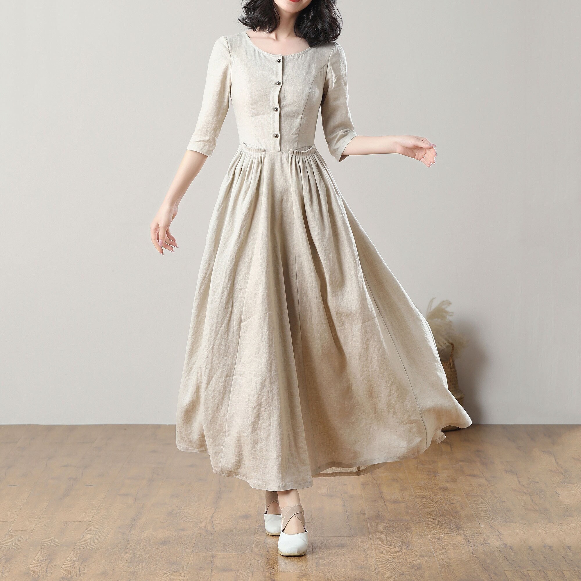 ロンハーマン　リネンワンピース　Flare Linen Dress Linen Dress, Women's Summer Linen Dress, Half Sleeve Dress