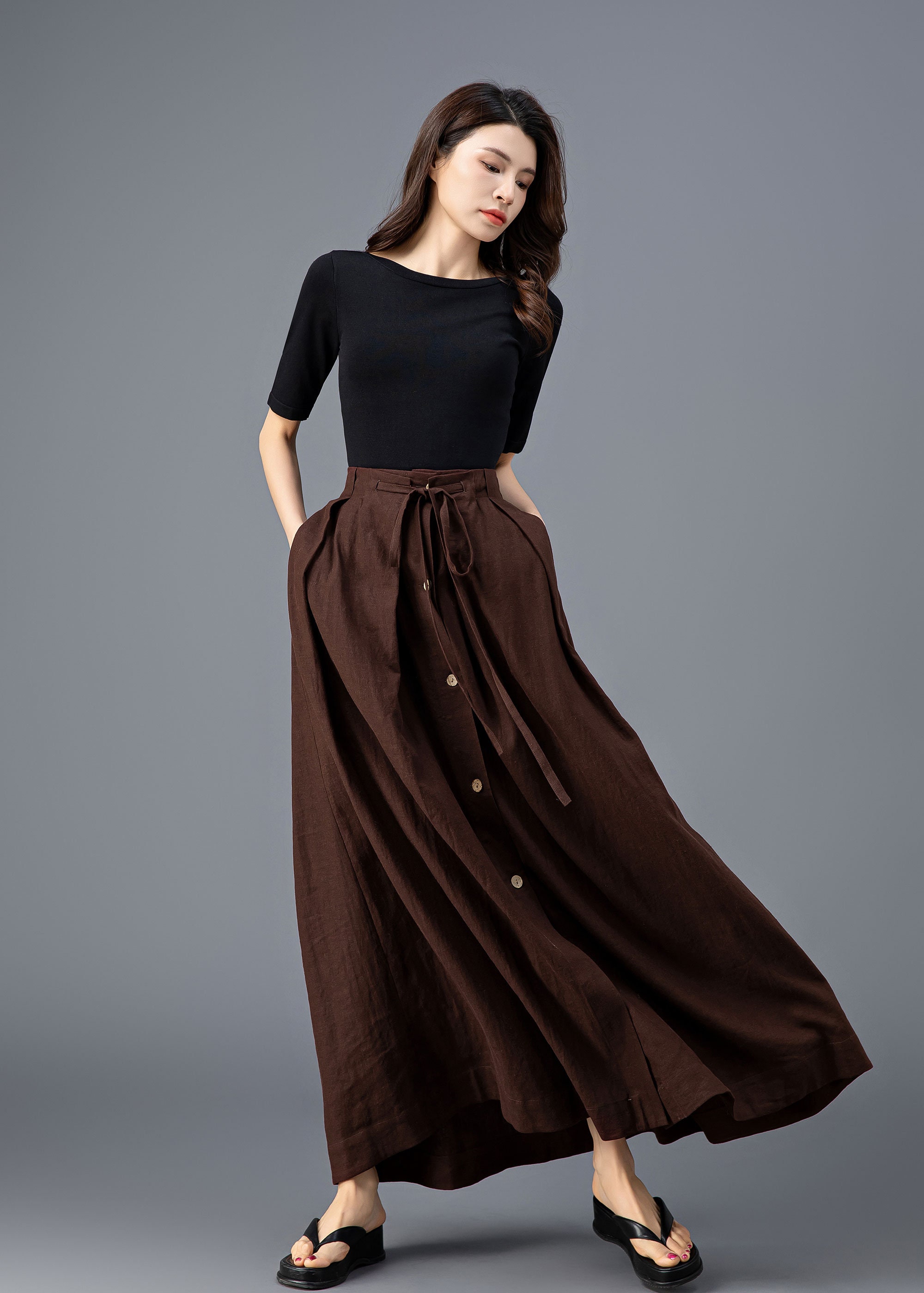 高評価レビュー Maxi Linen Skirt, Skirt Brown Skirt, Linen Down Button スカート