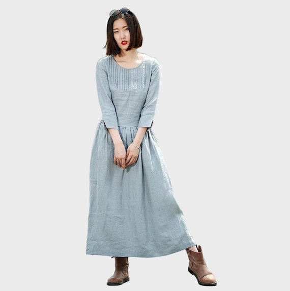 Blue Linen Dress Long Maxi Casual Summer LooseFitting Etsy