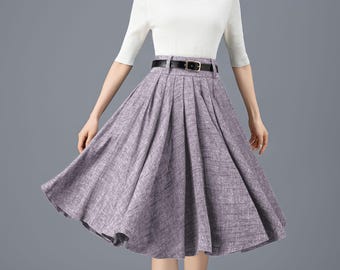 Pleated Linen Midi Skirt: High Waist Cotton Blend Swing Skirt, Ylistyle C4890