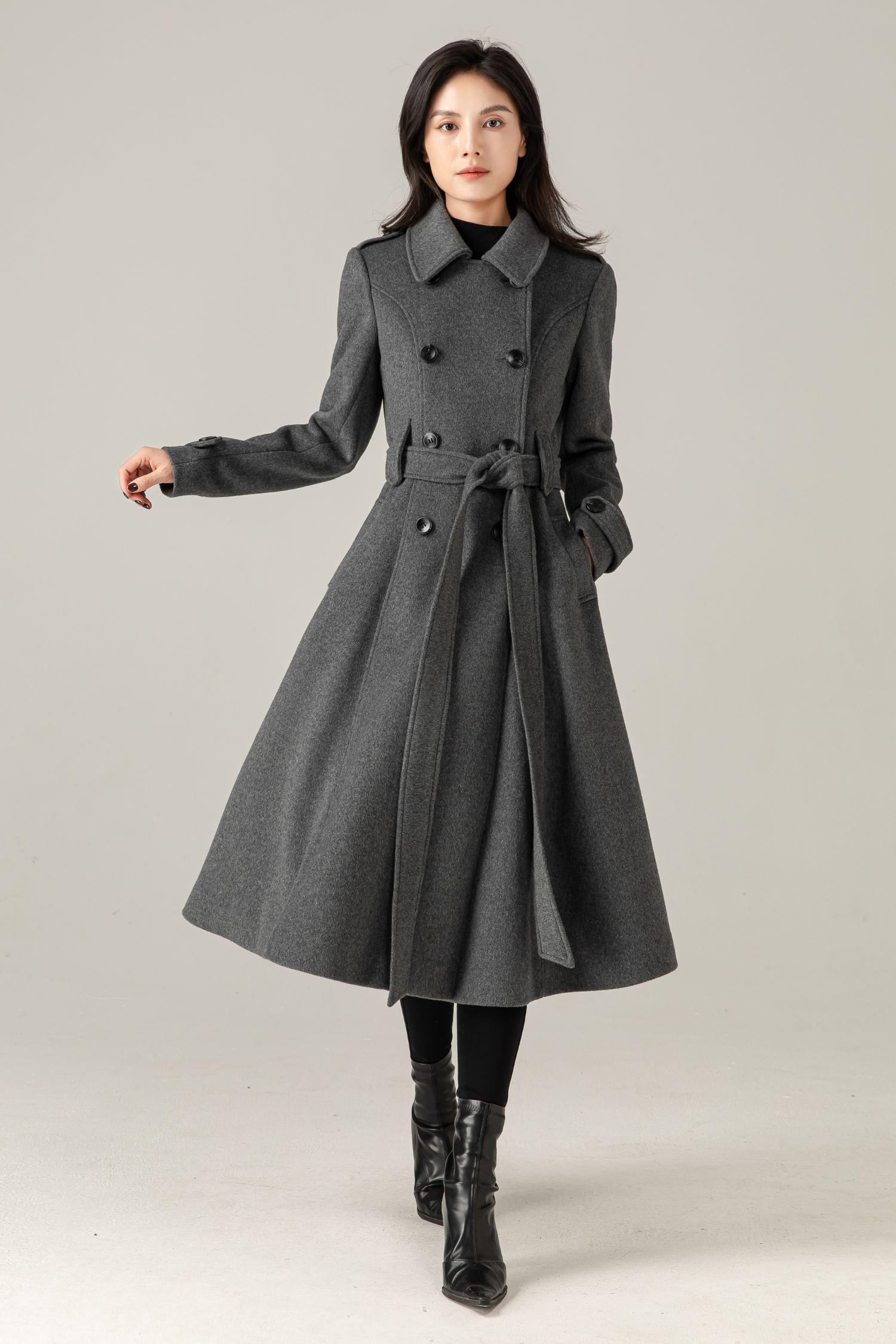 DOUBLE BREASTED MID COAT グレー Gray Wool Blend Swing Coat: Double Breasted Belted Maxi Winter