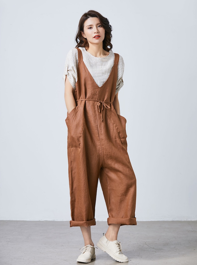 Baggy Brown Summer Linen Harem Overalls Women Oversized Etsy