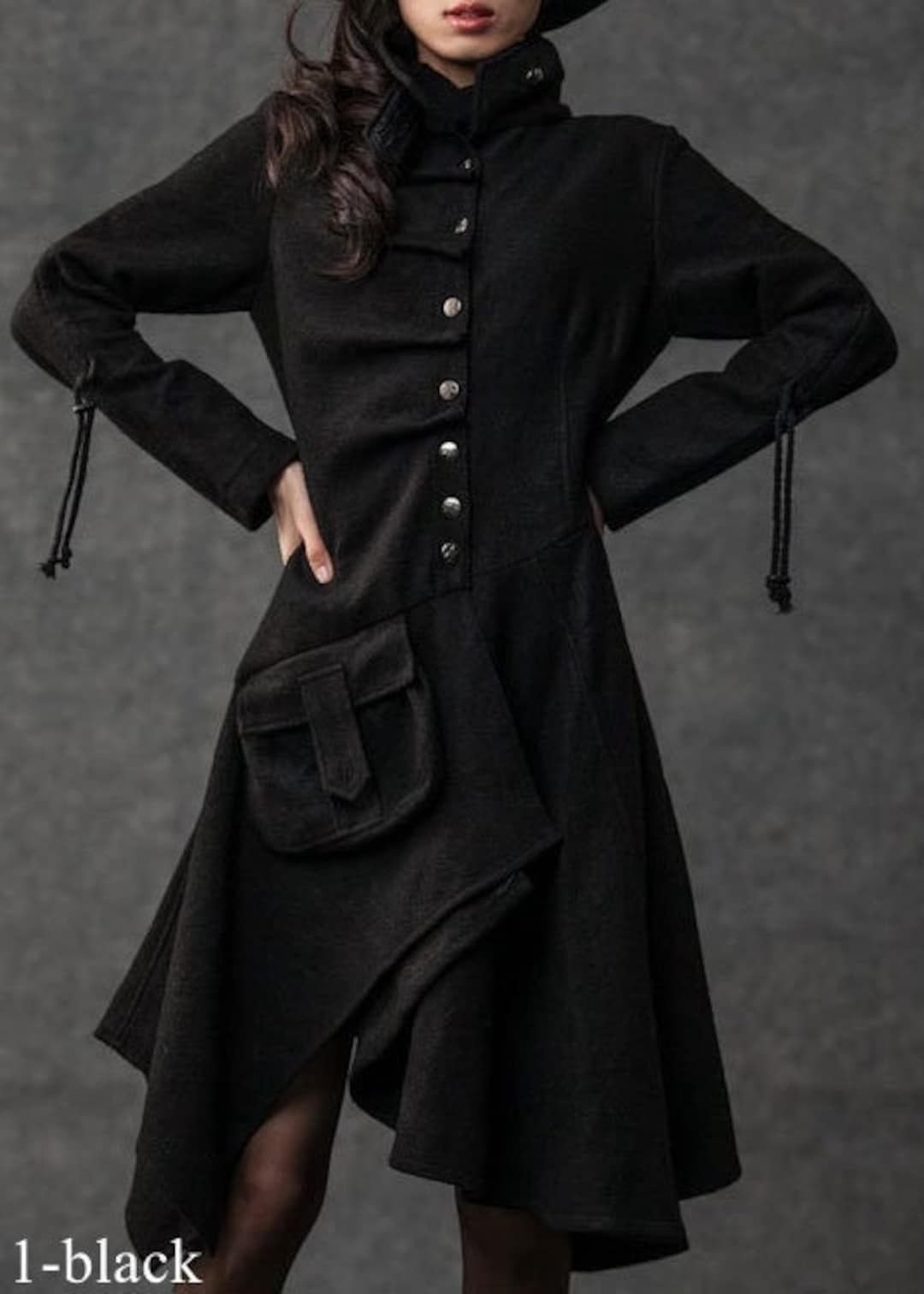 Asymmetrical Gothic Winter Coat Women, Black Wool Pixie Coat