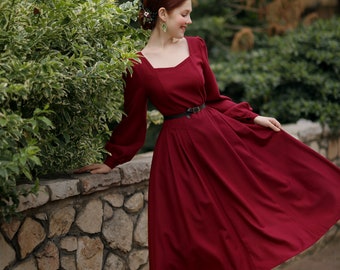 Elegant Red Swing Dress, Midi Dress, Long Sleeve Dress, Spring Evening Dress, Womens Party Dress, A Line Dress, Custom Dress, Ylistyle C3221