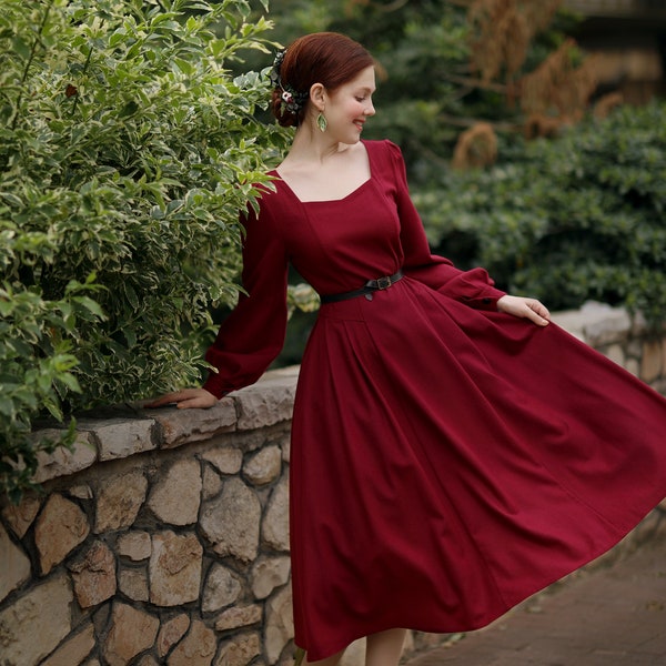 Elegant Red Swing Dress, Midi Dress, Long Sleeve Dress, Spring Evening Dress, Womens Party Dress, A Line Dress, Custom Dress, Ylistyle C3221