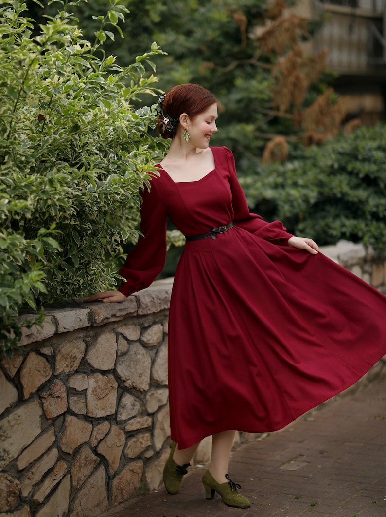 Elegant Red Swing Dress Midi Dress Long Sleeve Dress Spring - Etsy