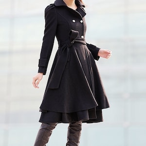 Black wool coat, Fit and flare coat, Knee length winter coat, double breasted coat, women coat, knee length woman jackets, warm coats C219 image 8