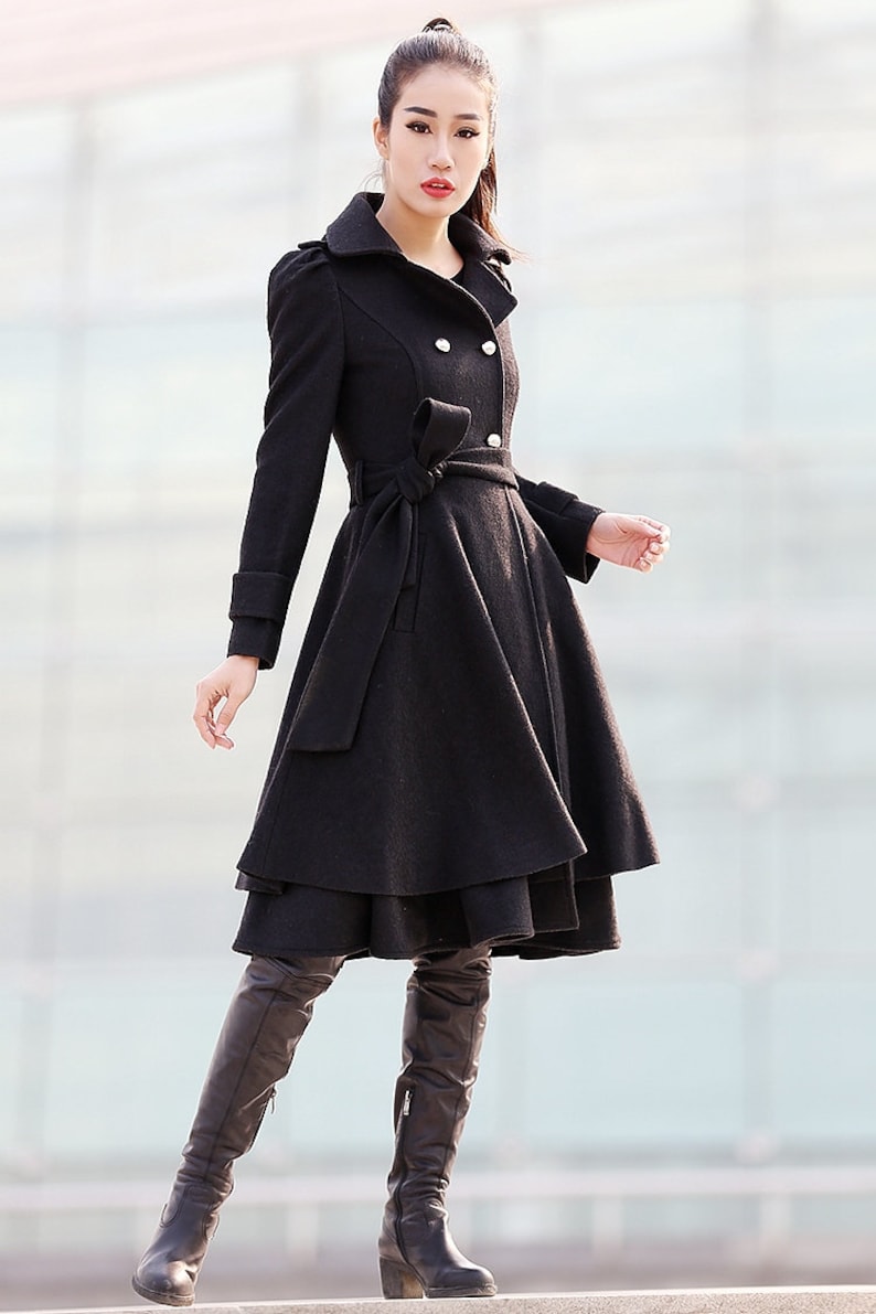 Black wool coat, Fit and flare coat, Knee length winter coat, double breasted coat, women coat, knee length woman jackets, warm coats C219 image 8