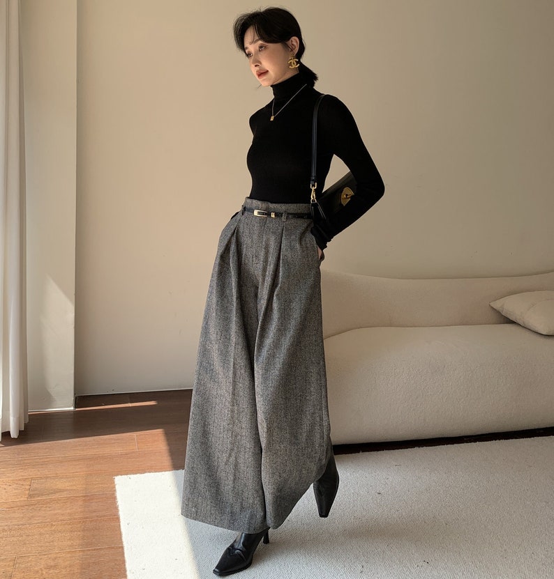 Gray Wool Palazzo Pants, Vintage Inspired Wool Pants, Wide Leg Wool Pants Women, High Waisted Pants, Custom Pants, Winter Wool Pants C3147 image 1