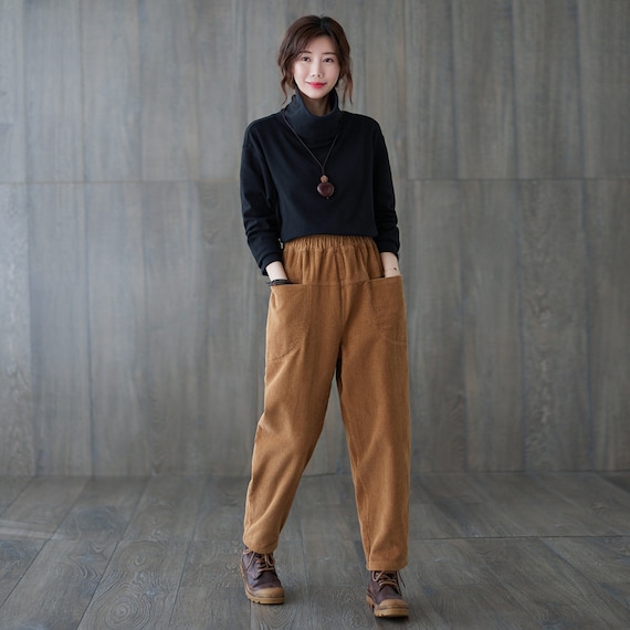 Corduroy Pants, Womens Brown Pants, Autumn and Winter Loose Large