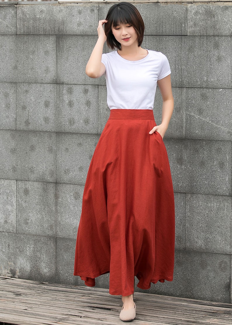 maxi linen skirt, Long Linen skirt, Linen skirt with pockets, casual Linen skirt, A Line skirt, Orange Linen skirt, Womens skirt C2790 image 4