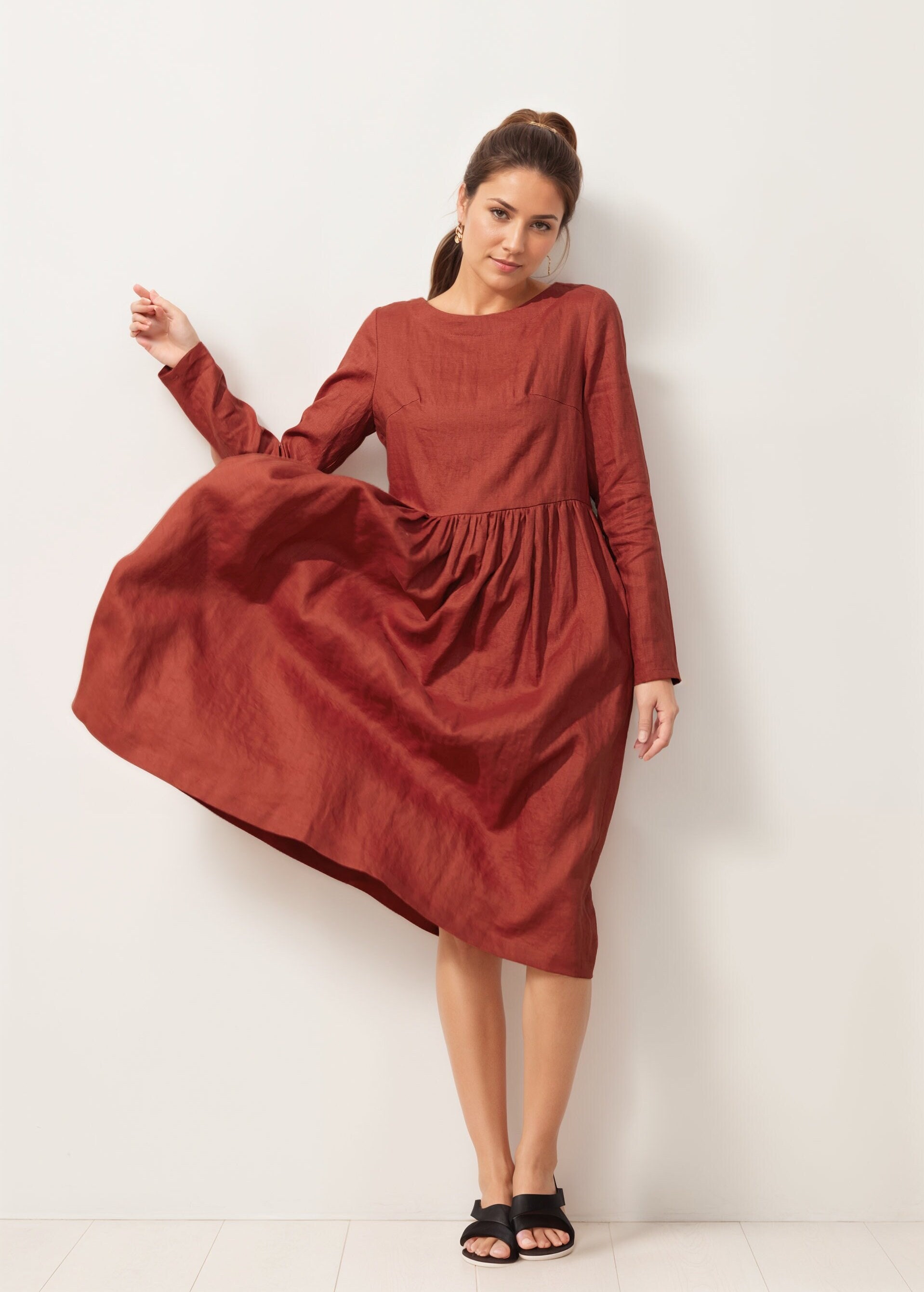 ワンピース LIGHT GREY LINEN MIDI DRESS Linen Dress, Grey Linen Maxi Dress, Women's Casual Linen