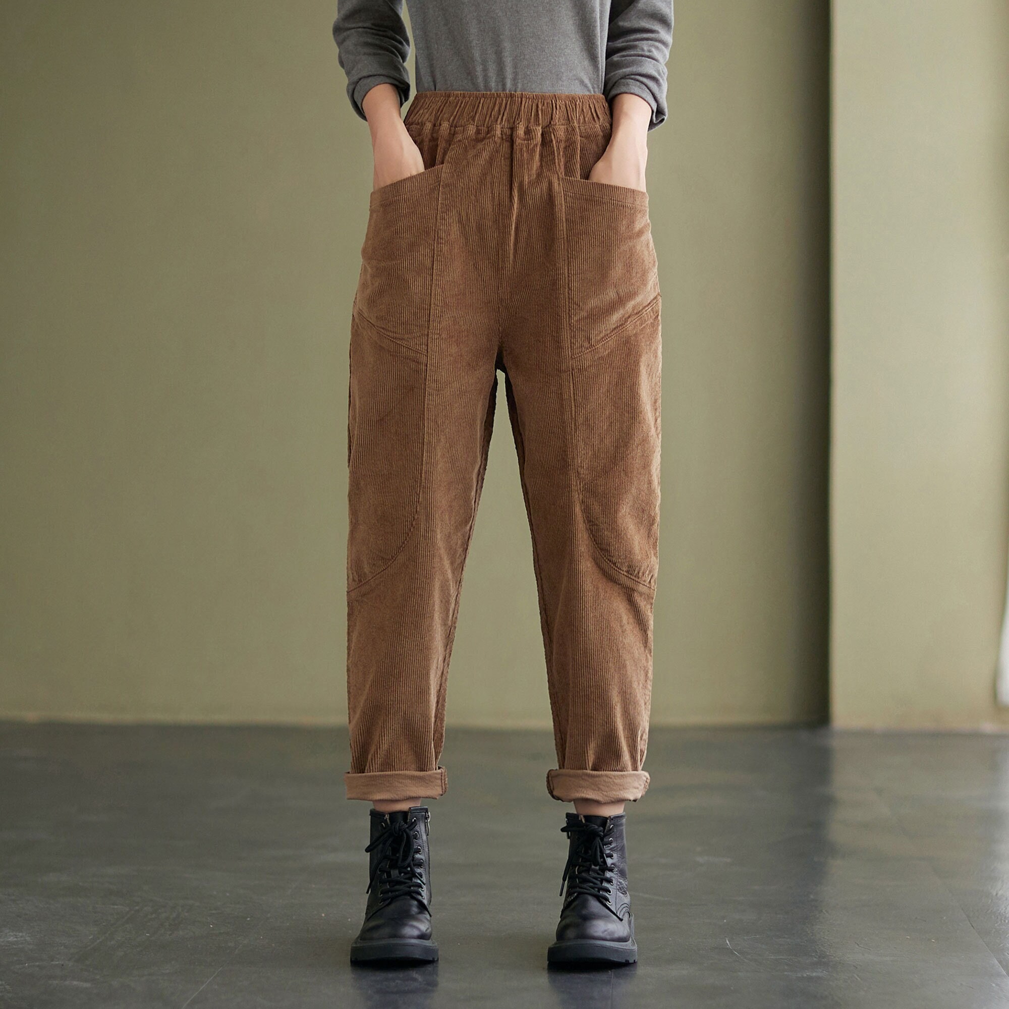 Brown Corduroy Pants, High Waist Corduroy Pants Women, Loose Pants