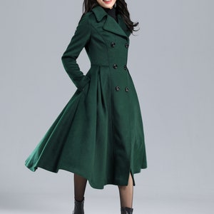 Wool coat, Green Long Wool Coat Women, Princess Coat, Swing Coat, Winter Trench Coat, Fit and Flare Coat, Double Breasted wool Coat C2469 image 2