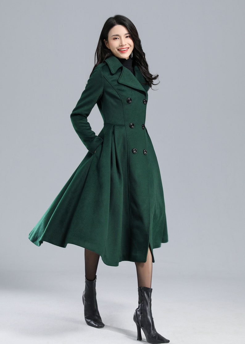 Wool coat, Green Long Wool Coat Women, Princess Coat, Swing Coat, Winter Trench Coat, Fit and Flare Coat, Double Breasted wool Coat C2469 image 2