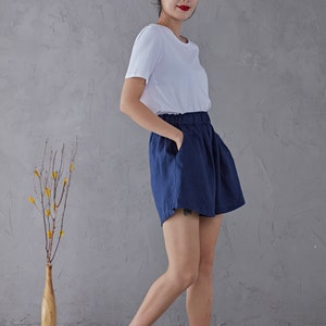 Blue High waist Linen Shorts, Linen shorts, Women Linen shorts, Linen Beach Shorts with pockets, Handmade shorts For Women C1906 image 5