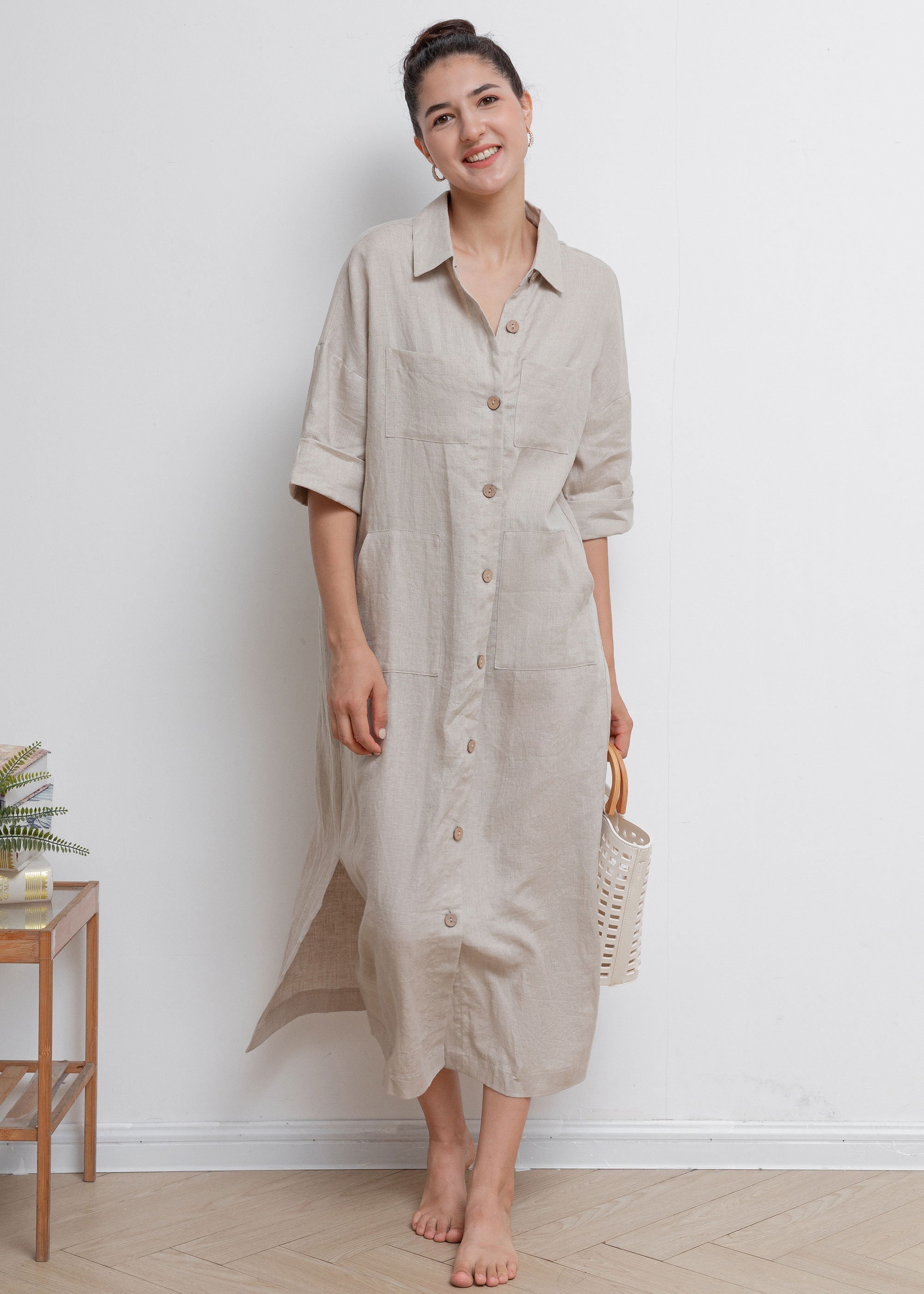 可愛いクリスマスツリーやギフトが！ Oversize Linen Shirt Maxi Dress, Womens Casual Linen Shirt ワンピース