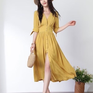 Linen Dress, Deep V neck Linen party Dress, Linen midi dress, button front dress, Womens Linen dress, Customized Linen dress, Ylistyle C2914 3- Yellow