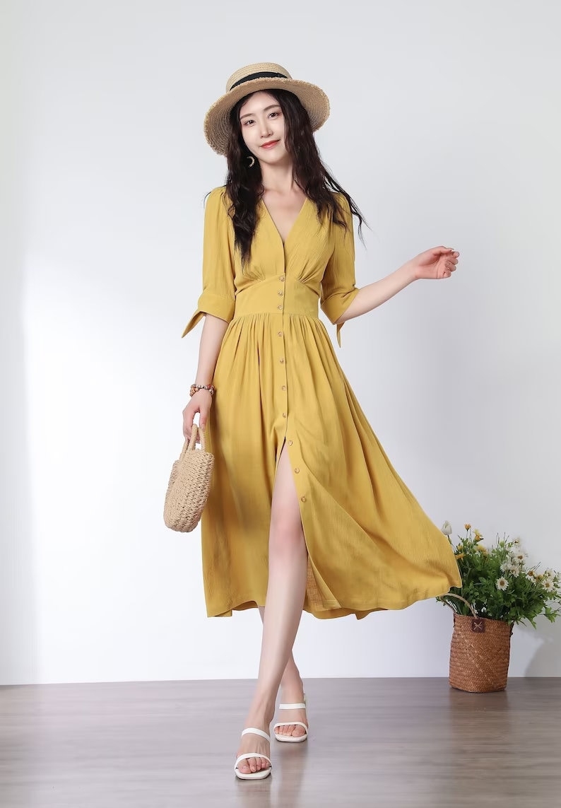 Linen Dress, Deep V neck Linen party Dress, Linen midi dress, button front dress, Womens Linen dress, Customized Linen dress, Ylistyle C2914 3- Yellow