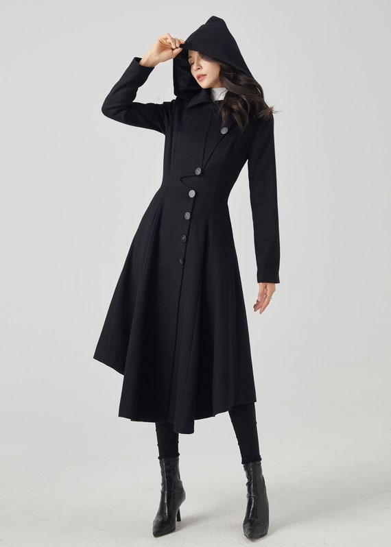 Black Wool Coat, Long Wool Coat, Hooded Wool Coat, Winter Black Wool Coat, Long Wool Coat, Hooded Wool Coat, Winter