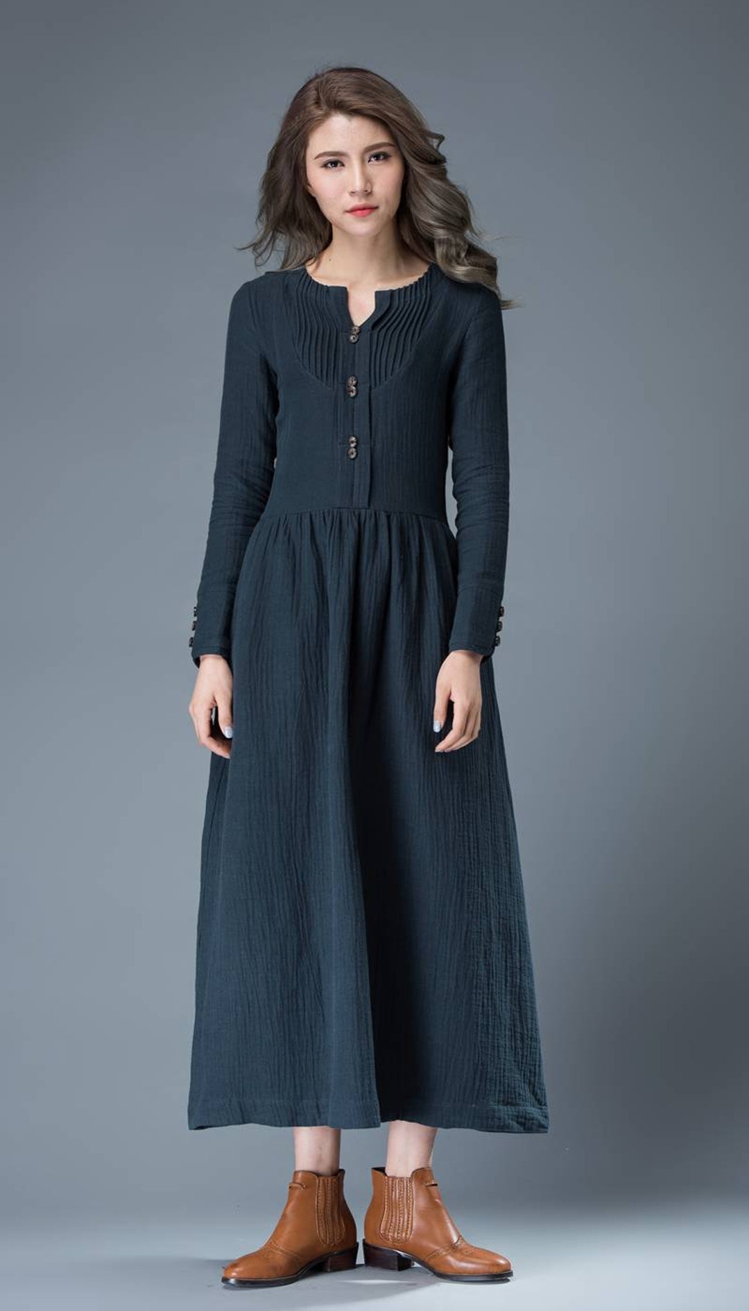 Navy Blue Spring Maxi Dress Linen Comfortable Casual Everyday Fit ...