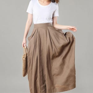 Linen Maxi Skirt, Khaki Asymmetrical Skirt with Pockets, Ylistyle C3272 image 4