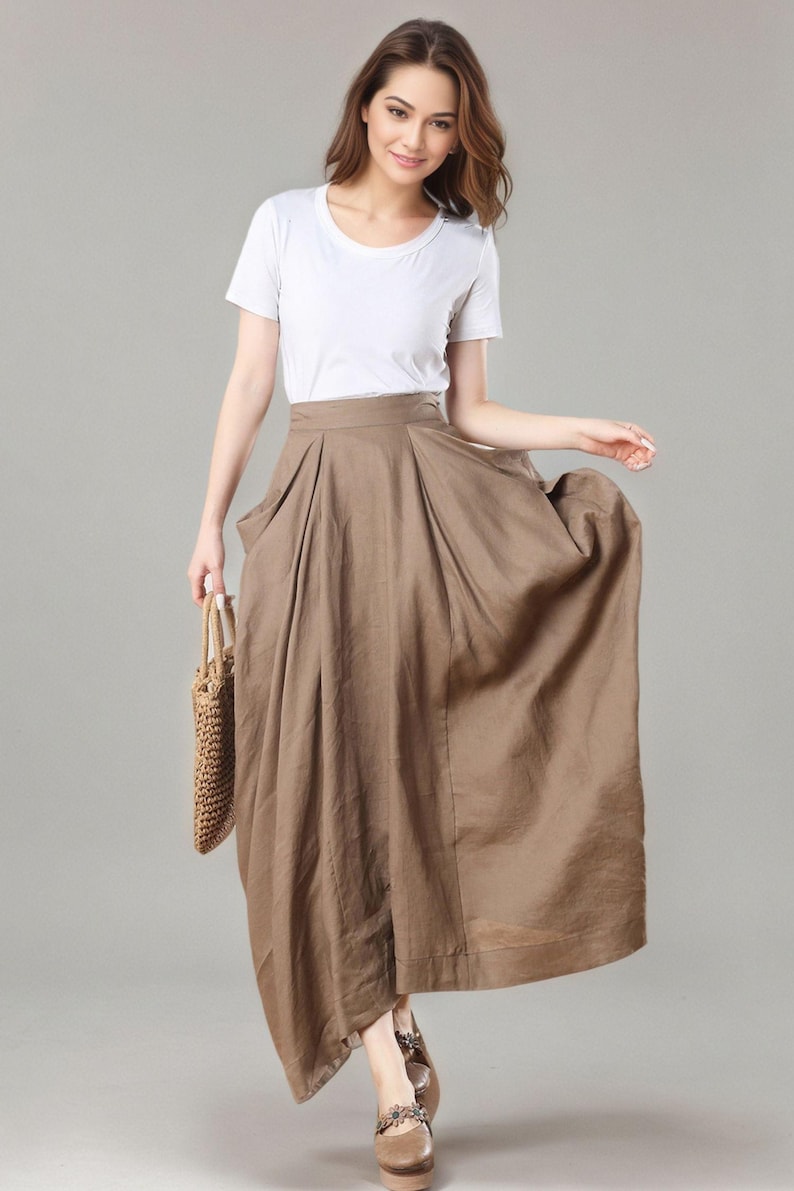 Linen Maxi Skirt, Khaki Asymmetrical Skirt with Pockets, Ylistyle C3272 image 4