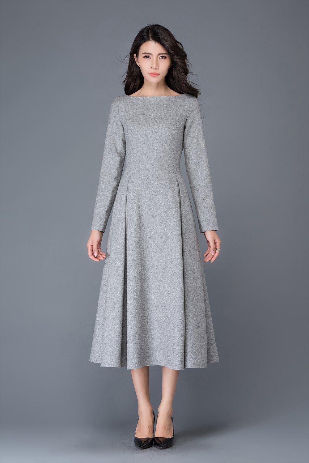 Wool dress winter dress gray wool dress boat neck wool | Etsy