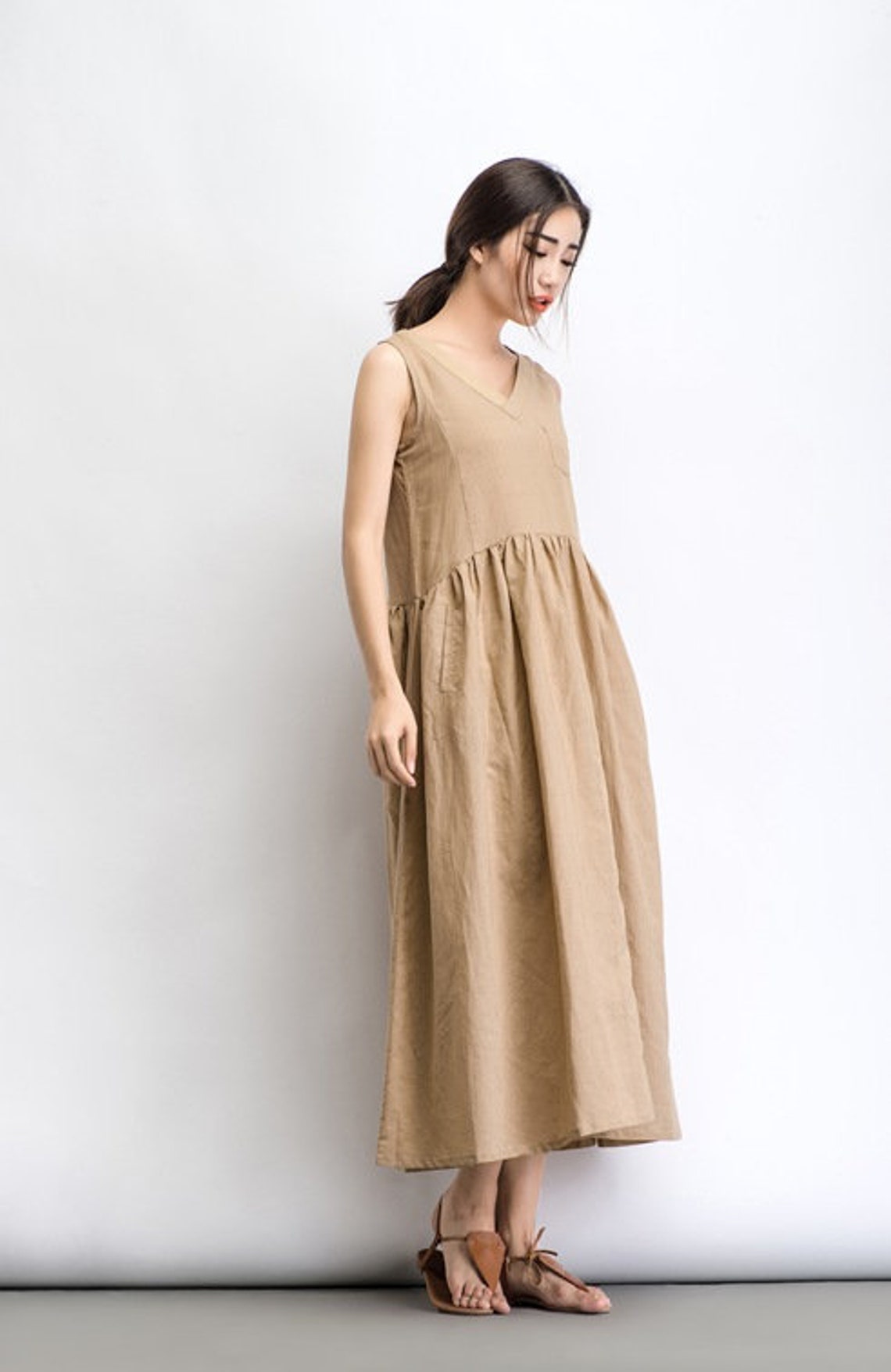 Beige Linen Dress Maxi Neutral Color Vneck Sleeveless Etsy