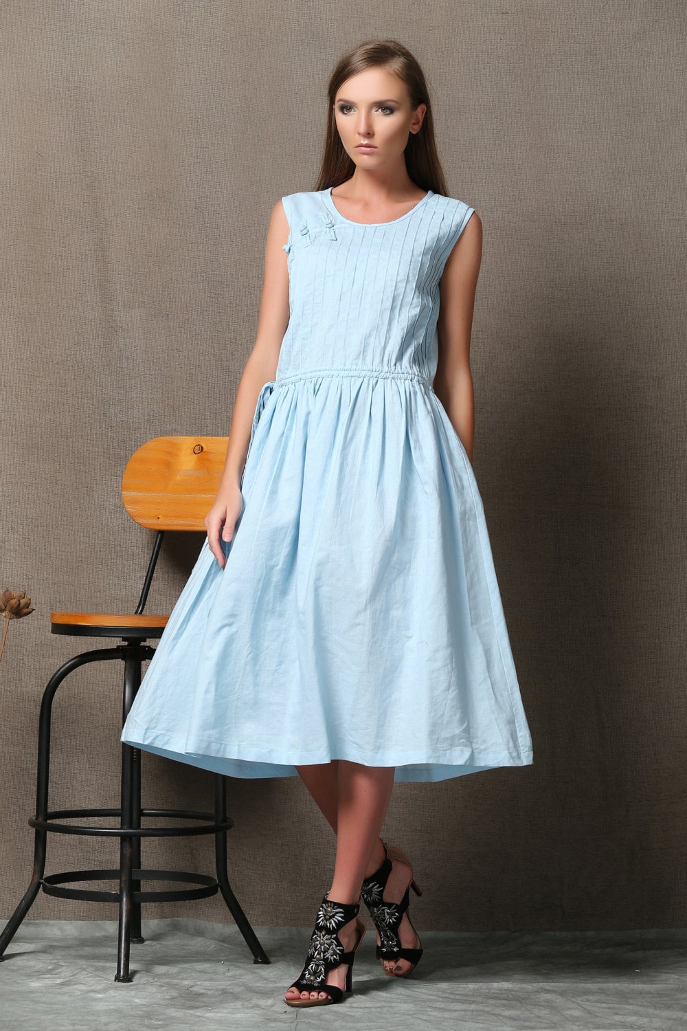 Blue Linen Dress Powder Blue Sleeveless Pintuck Midi Length Etsy