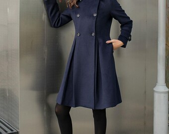 ネイビー ダブルブレスト ウールコート レディース ダブルブレスト ウールコート ブルー、100% ウール