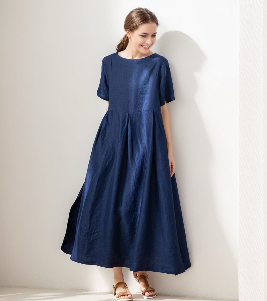 Linen Dress, Navy Blue Dress, Women's Linen Dress, Long Linen Dress, Loose Linen Dress, Casual Dress, A-Linen Dress, Handmade Dress C3192