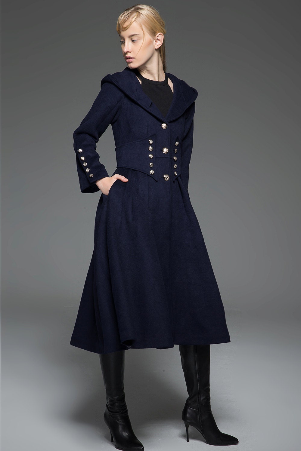 Winter coats for women, navy blue wool coat, mid length coat, unique c –  Ylistyle