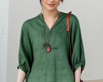 Linen blouse, green linen tops, Linen blouse for women, Oversized Linen top, Lantern sleeve tops, Casual Blouse, v neck blouse women, C2322