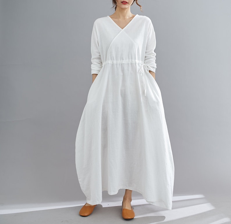 White Linen Maxi Dress, Casual Long Sleeves Maternity Dress, womens dress with drawstring wasit, Plus Size dress, Oversized Dress C1836 image 2