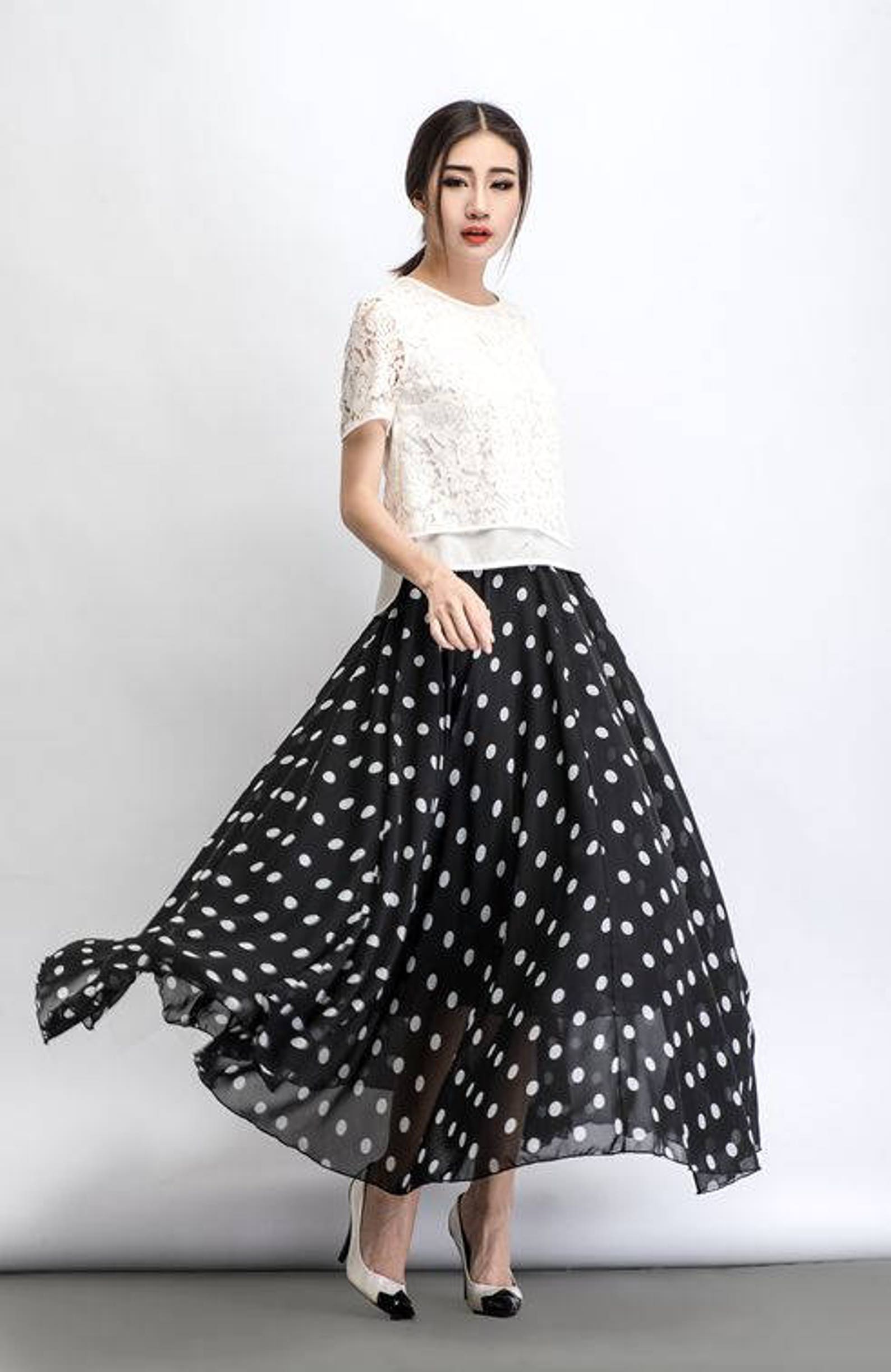 Chiffon skirt Polka dot skirt maxi skirt long polka dot | Etsy