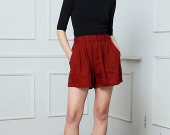 Linen Shorts, High Waisted Linen Shorts Women, Loose fit shorts, Linen Beach Shorts with pocket, Classic Linen shorts, Custom shorts C4304