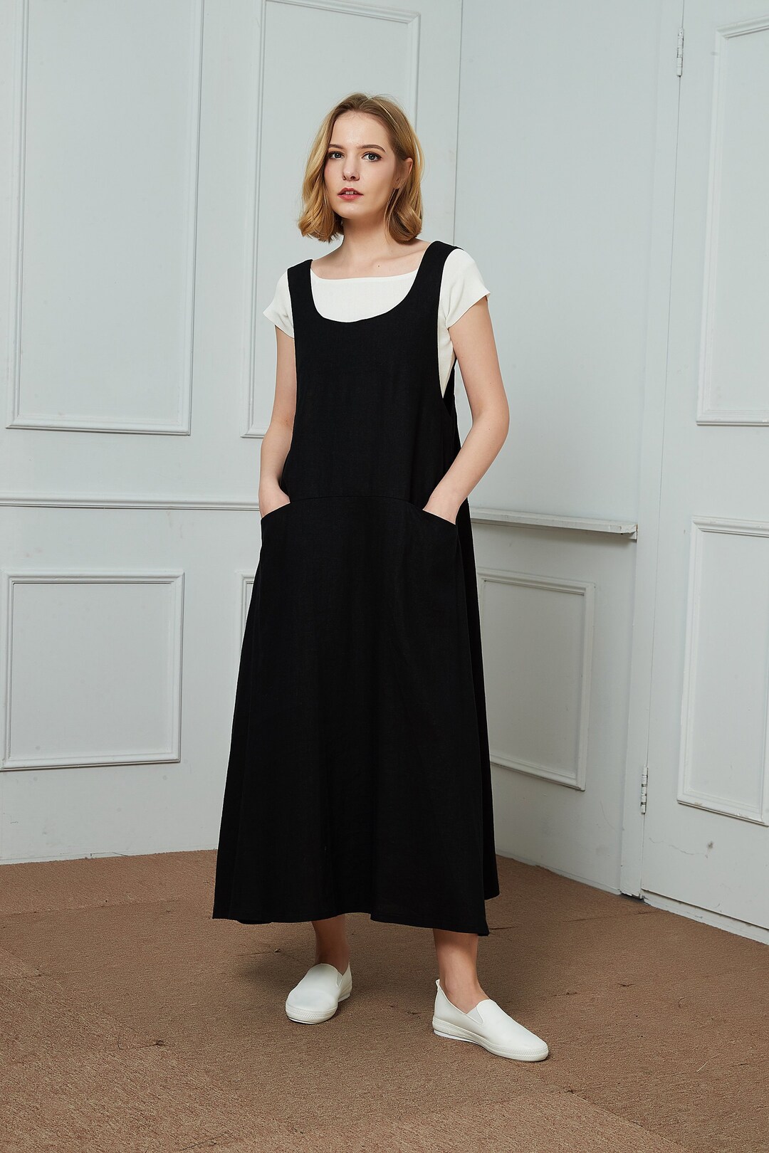 Linen Dress, Linen Pinafore Dress, Black Pinafore Dress Women, Linen