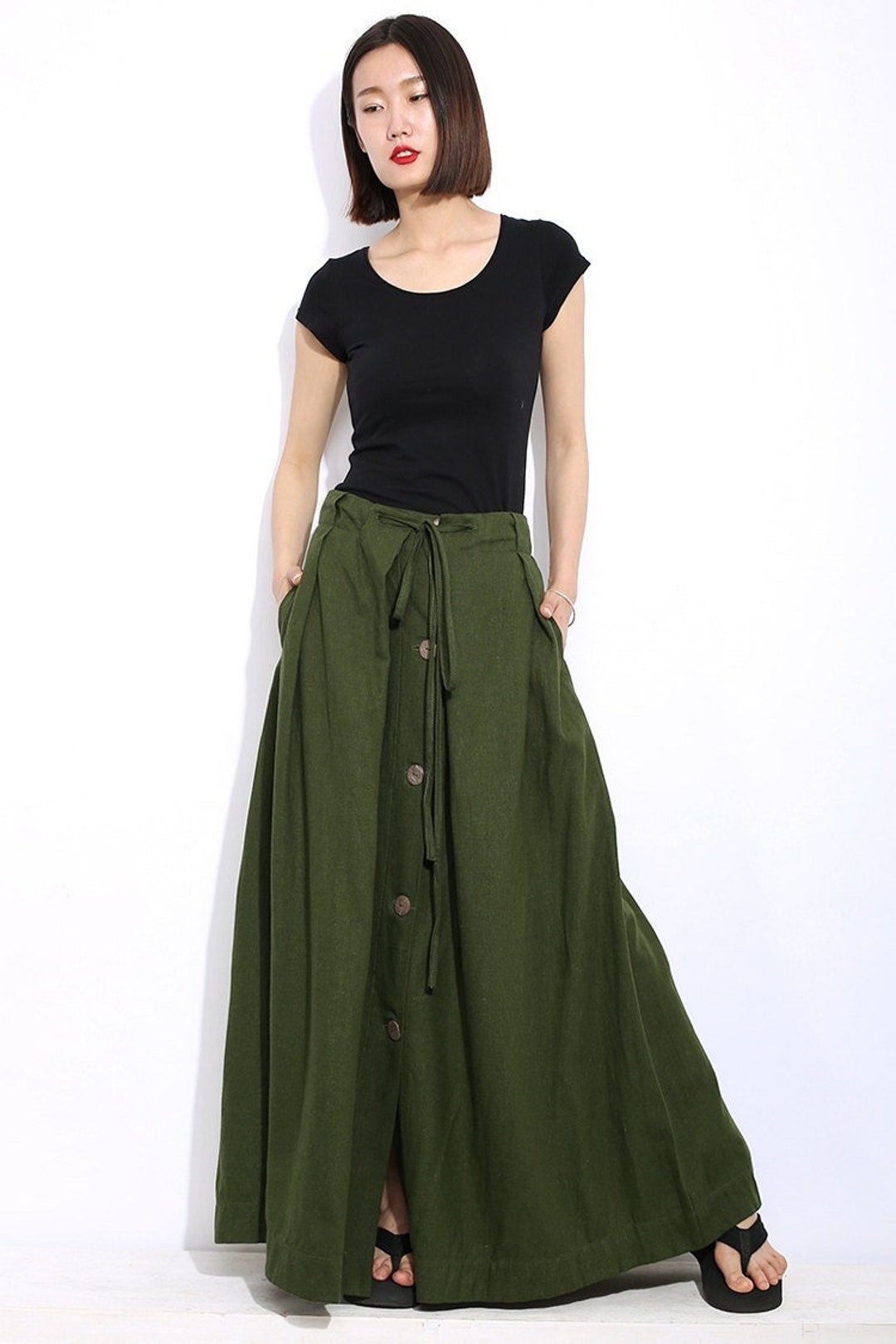 Button Down Linen Maxi Skirt, Womens Linen Skirt, Army Green Casual ...