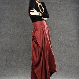 Linen skirt, Red Linen Maxi Skirt, Long Length with Asymmetrical Hemline, Ruched Detail and Deep Side Pocket Fall Autumn/Winter Fashion C050 image 8